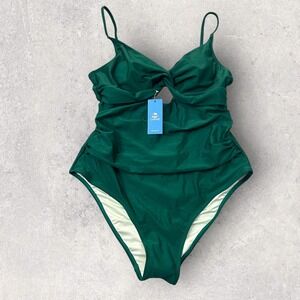 New Cupshe One Piece Swimsuit Women L Green Front Cut Out Ruched Tummy Control‎
